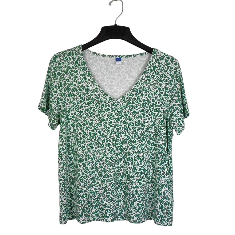 Old Navy Top PM Green White Luxe Short Sleeve V-Neck Floral Print T-Shirt
